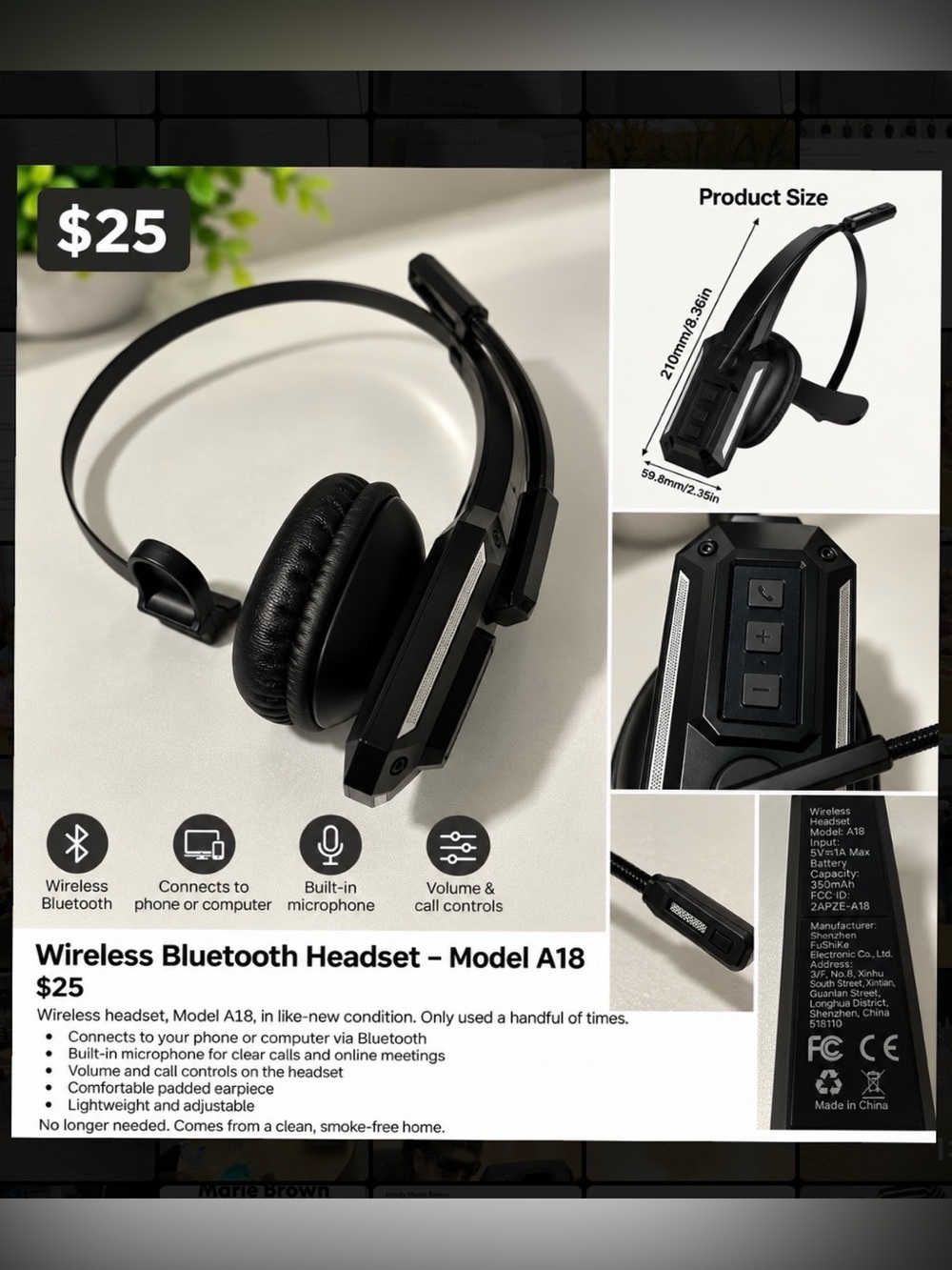 Wireless Bluetooth Headset Model A18 - Black